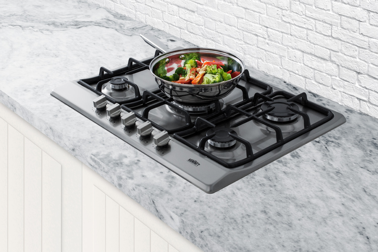 5-burner gas cooktop made in Italy in a stainless steel finish with sealed burners, cast iron grates, and wok stand; fits standard 24